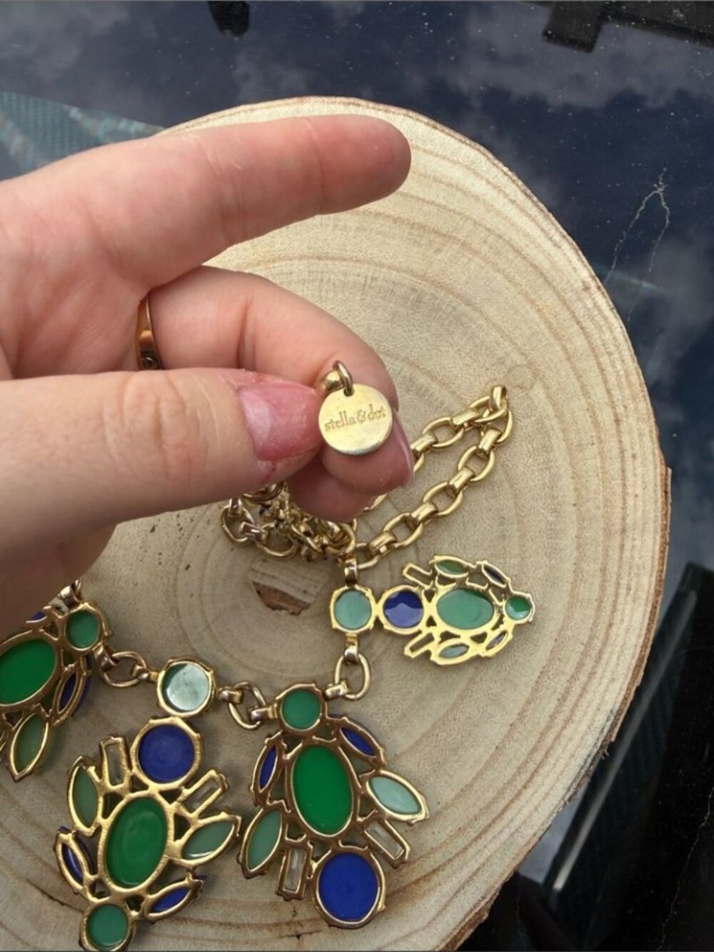 Stella & Dot Gold Tone Green Blue Rhinestone Statement Necklace - Picture 4 of 5